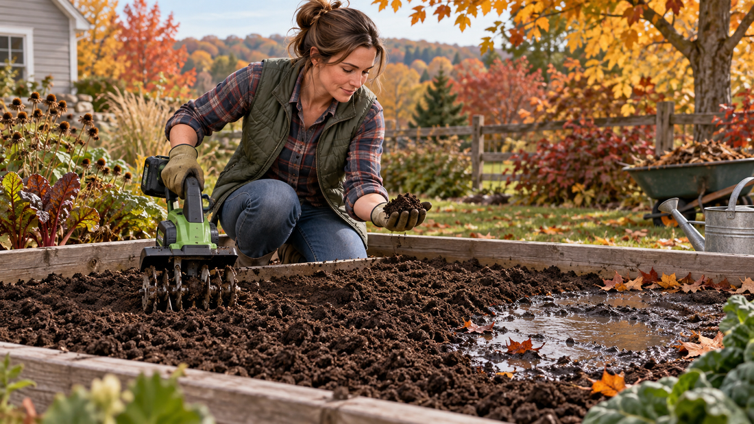 AI illustration of raised-bed soil preparation with a cordless cultivator; not an official product photo or field test