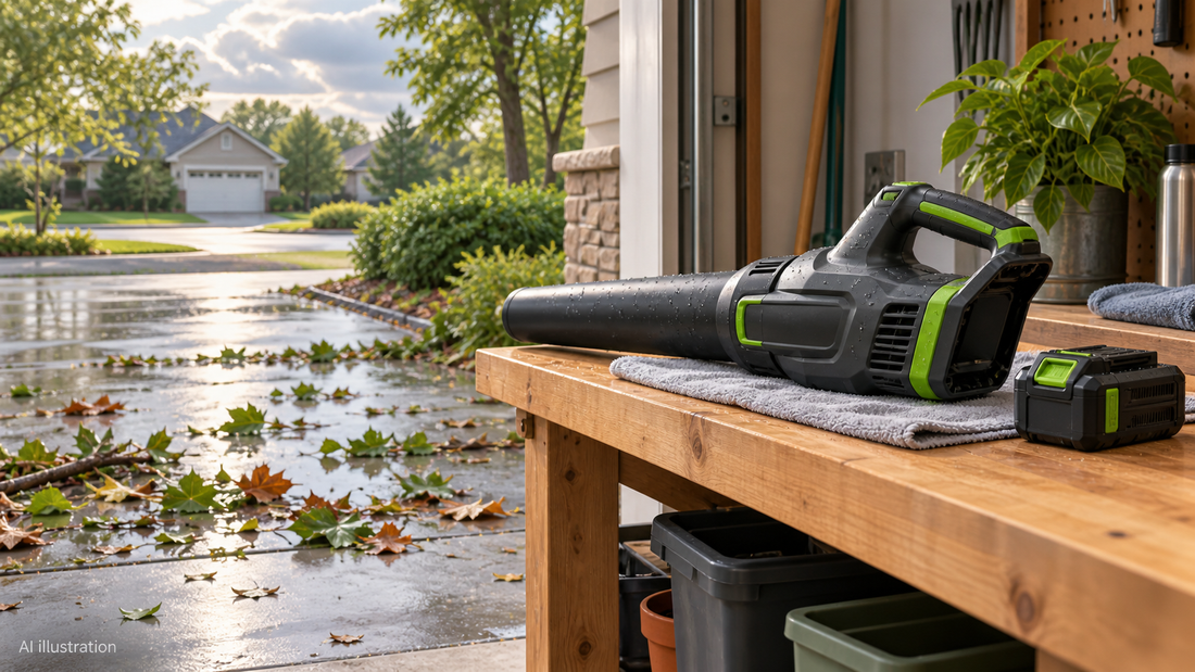AI illustration of a cordless blower drying on a covered workbench after rain