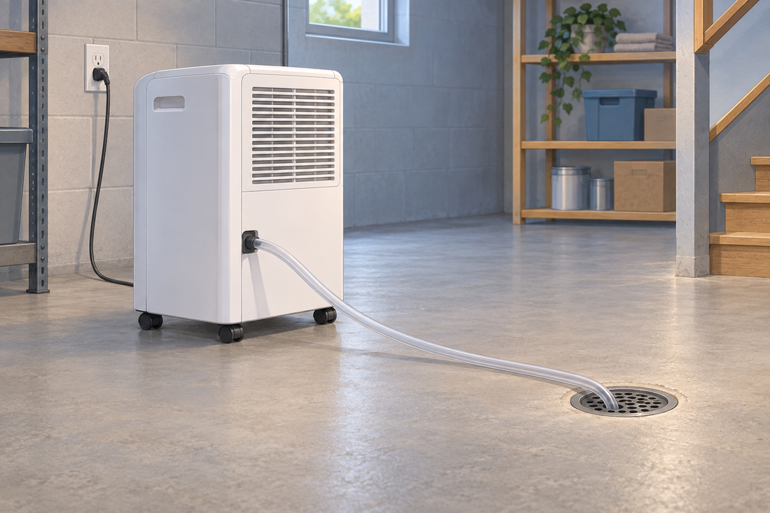 AI conceptual illustration of a generic dehumidifier hose descending toward a floor drain; not an exact UDH0125 installation diagram.