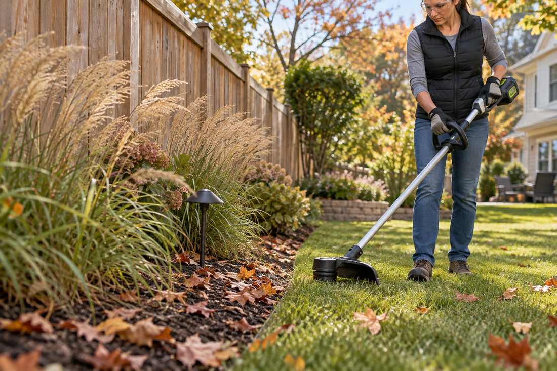 AI illustrative fall yard scene showing a cordless string trimmer used carefully beside a fence with a clear buffer