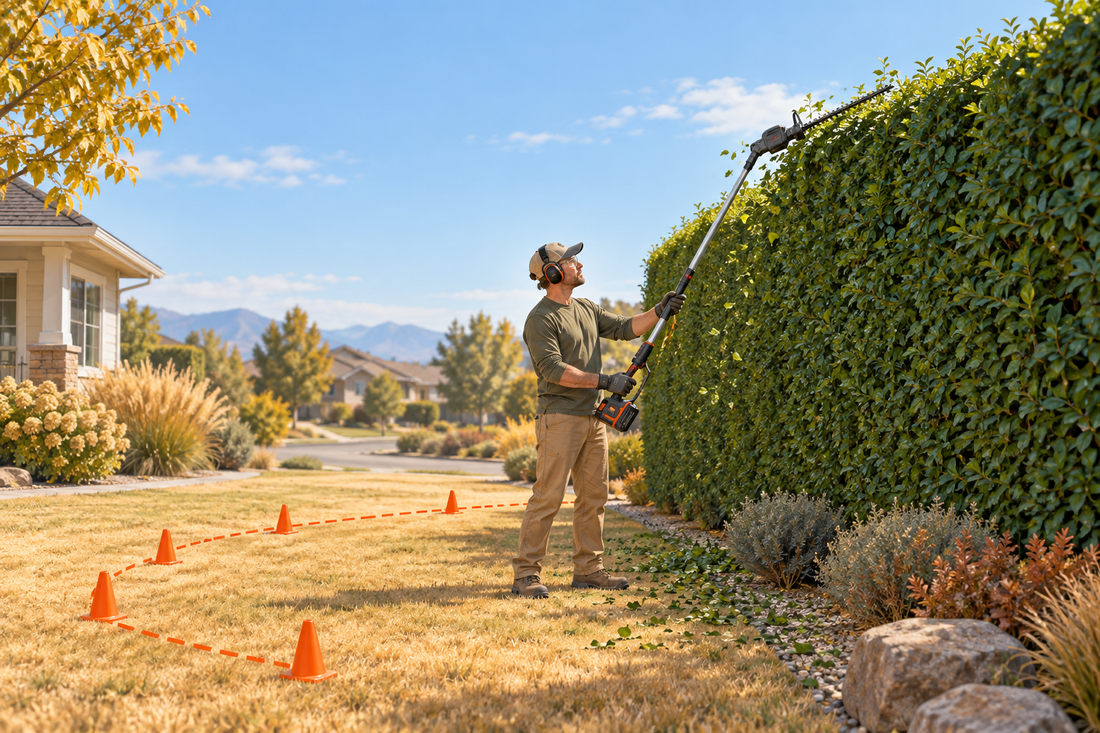 AI illustration of a homeowner safely using a cordless pole hedge trimmer from the ground with an exclusion zone