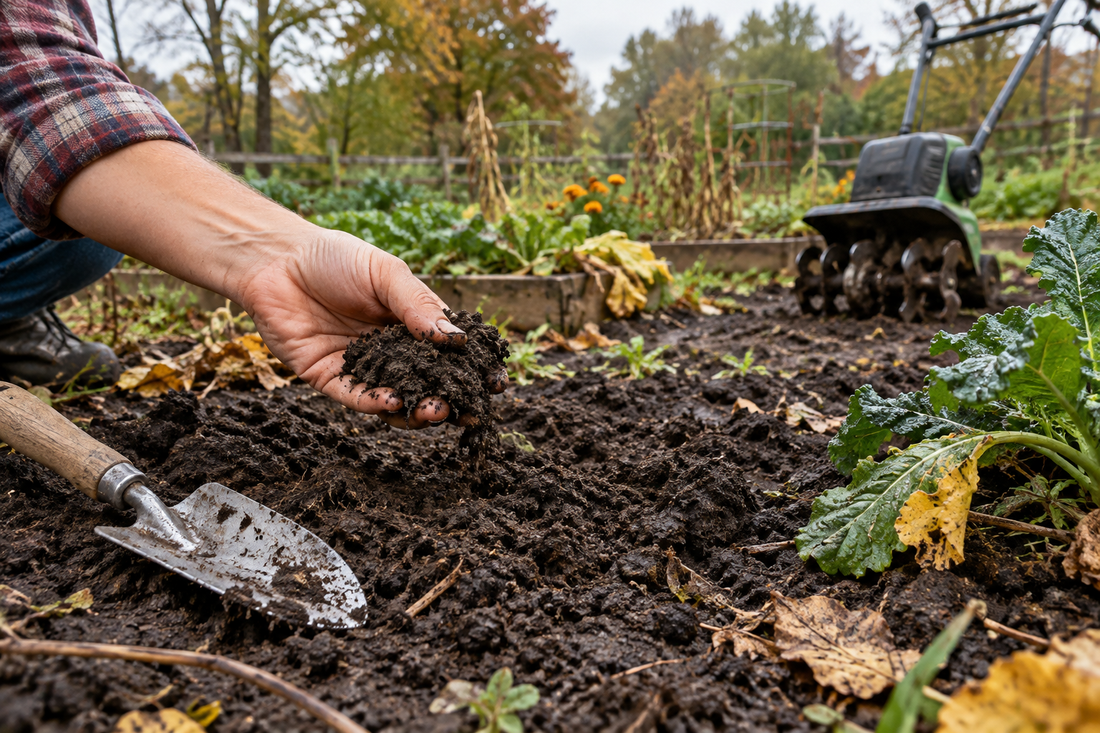 Illustration of a gardener testing damp soil by hand before tilling.