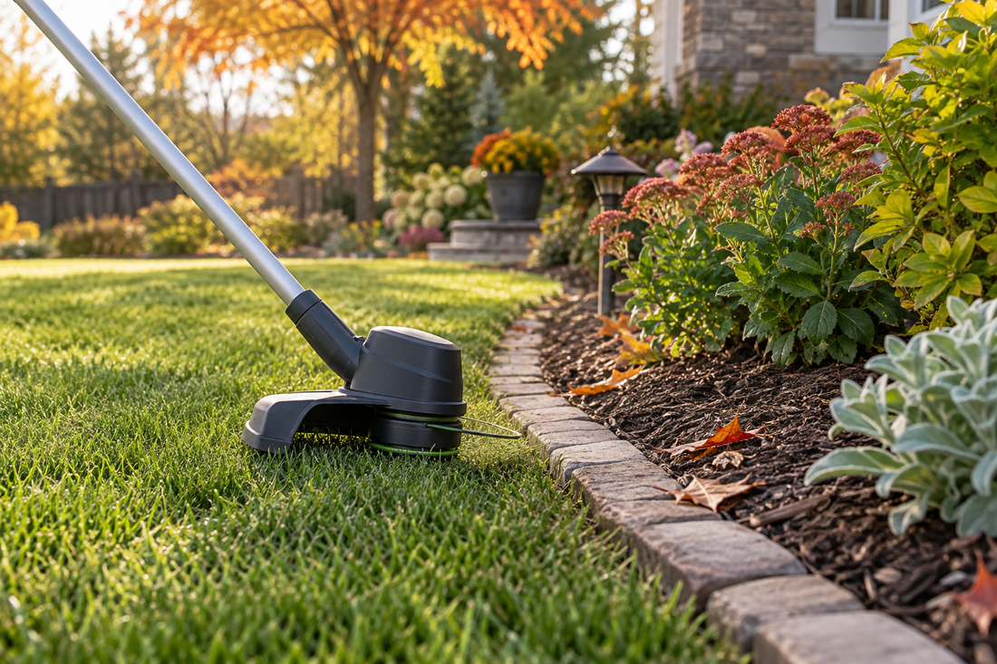 AI-generated illustration of a cordless grass trimmer beside a clean fall lawn edge