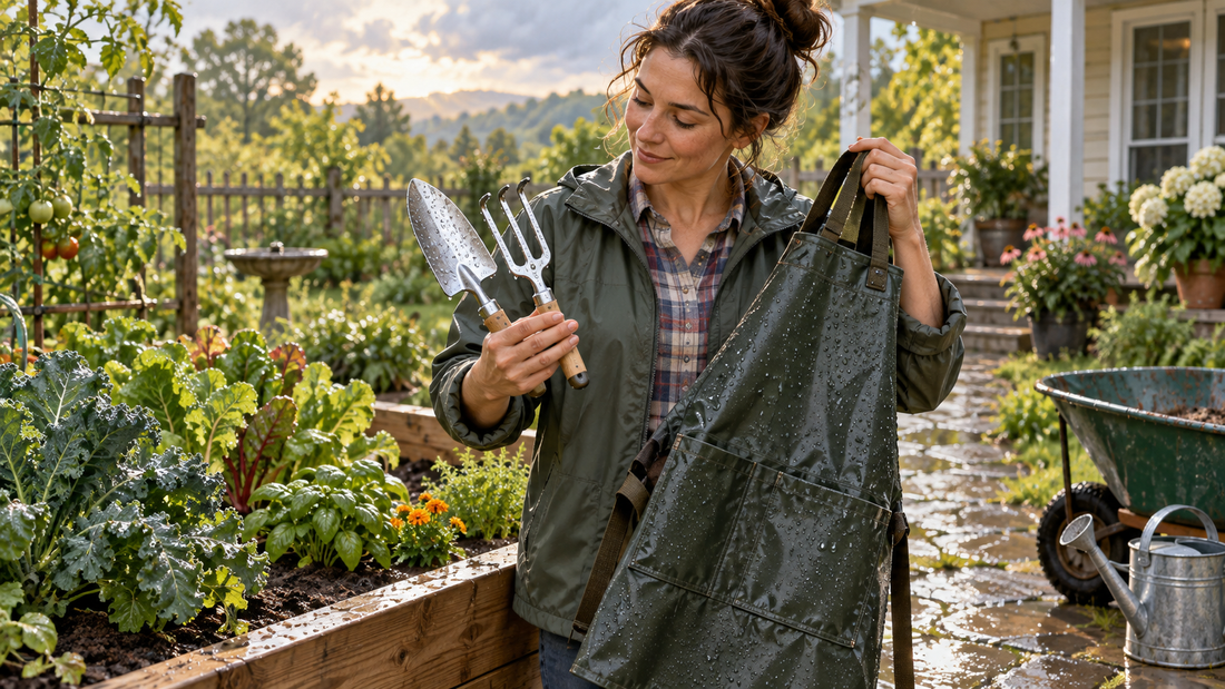 AI illustration of a homeowner inspecting garden hand tools after rain; not an official product photo or field test