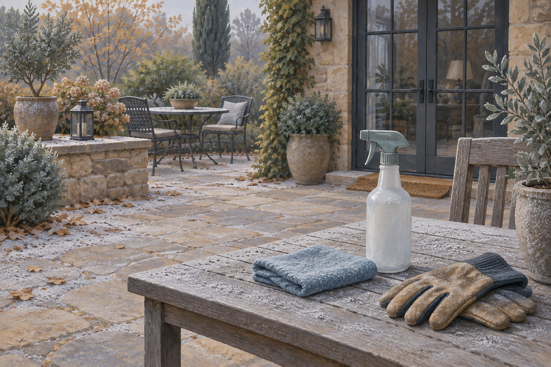 AI illustration of settled ash on a patio with cleaning supplies; no blower in use.