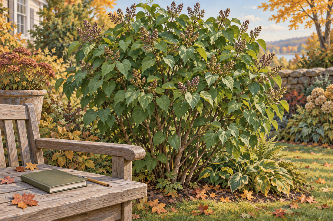 AI botanical illustration of an intact leafy shrub beside a notebook in an early autumn garden