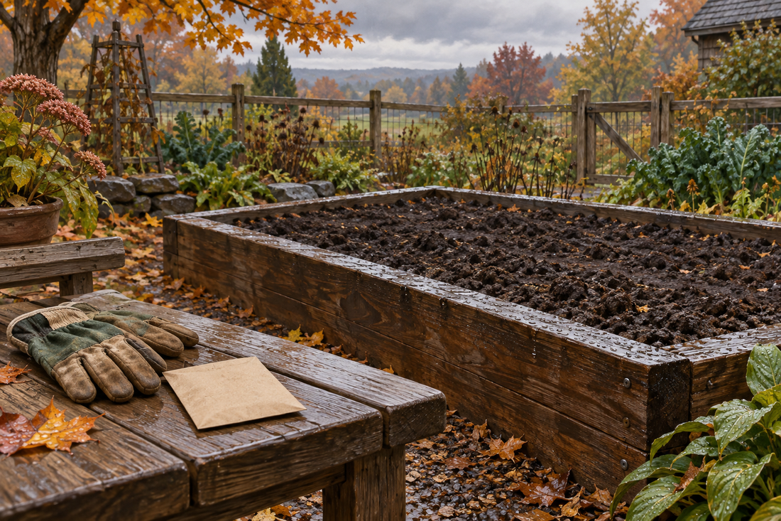 AI-generated illustration of a harvested garden bed after autumn rain, with gloves and a seed envelope nearby.