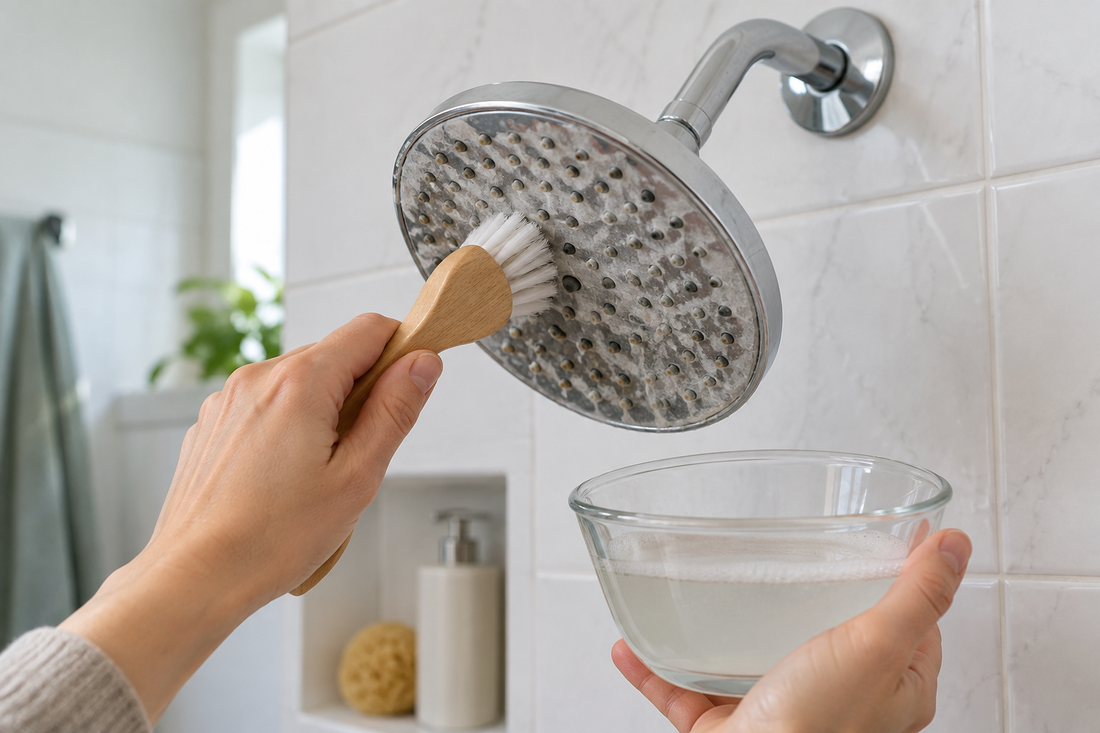 AI illustrative concept of gently cleaning mineral scale from a fixed chrome shower head