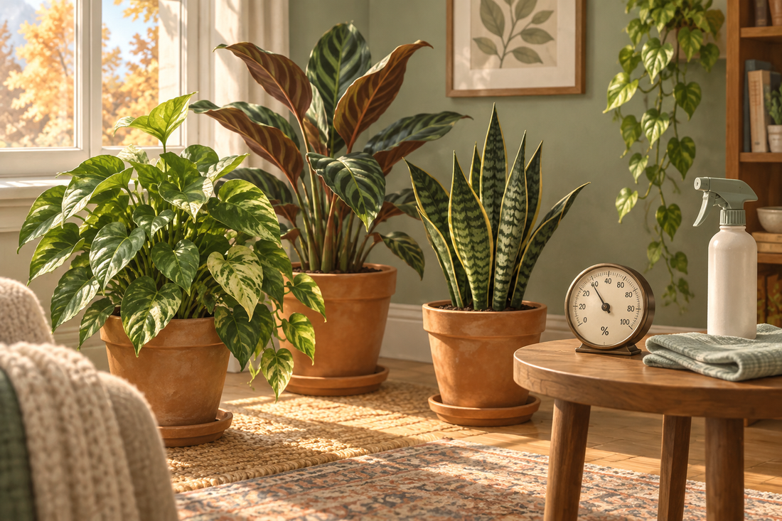 AI-generated illustration of indoor foliage plants beside a humidity gauge and unused hand sprayer