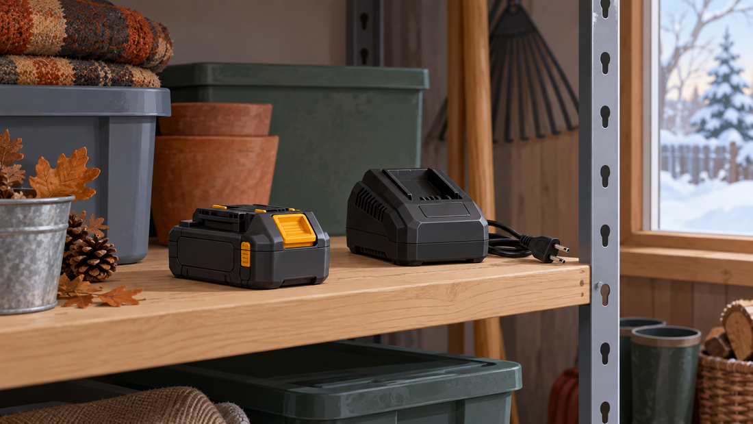 AI illustration of a cordless tool battery stored safely on a dry shelf for winter
