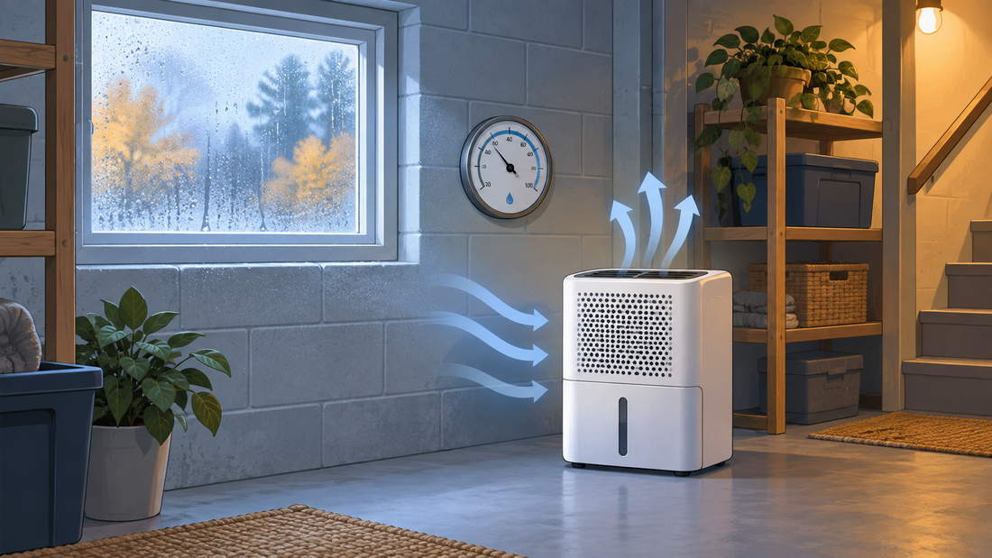AI illustration of a dehumidifier and hygrometer beside a fall window with condensation