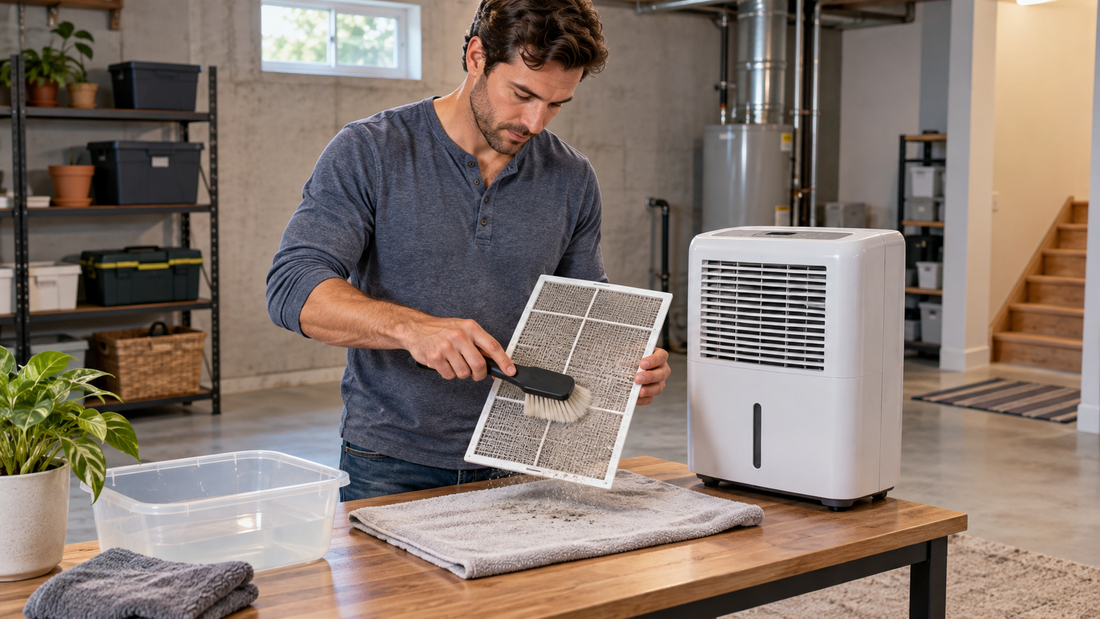 AI illustration of cleaning a portable dehumidifier filter after a dusty summer