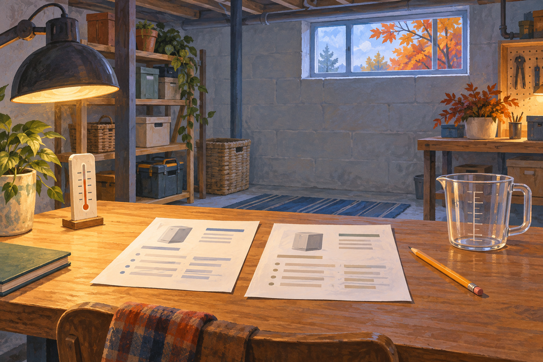 AI-generated illustration of two specification sheets, an empty measuring jug and a room thermometer in an autumn basement.