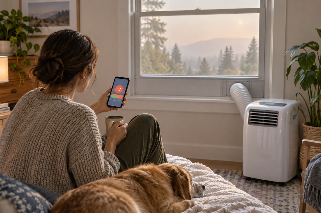 AI-generated illustration of a portable air conditioner in a smoky late-summer home; not an official product photo or test result
