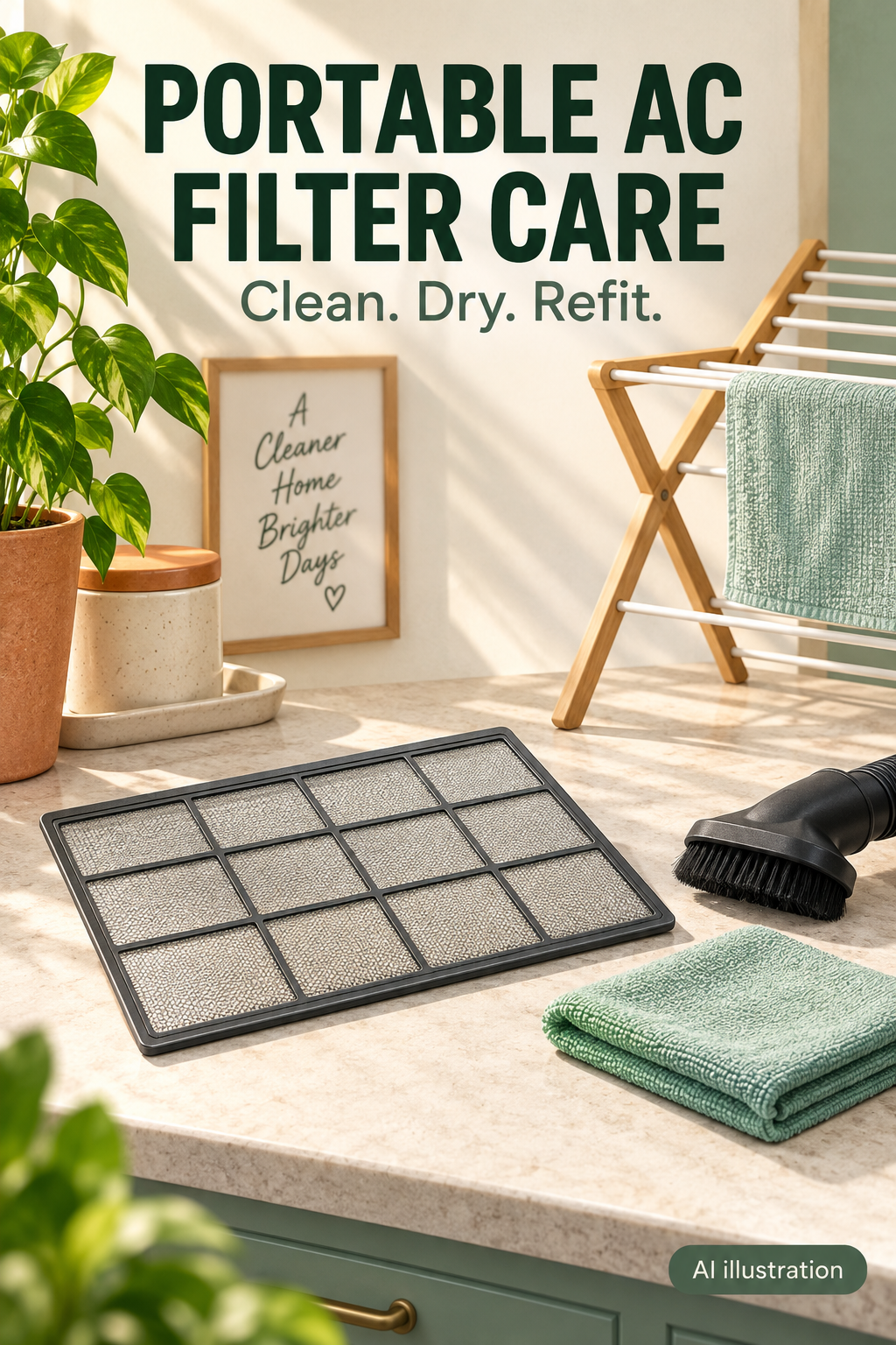 AI illustration of generic mesh-filter care supplies on a utility counter, with a drying area and the words Portable AC Filter Care.