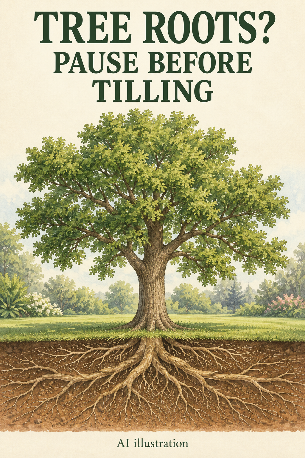 AI illustration of an established tree and branching roots beneath undisturbed soil, with the message Tree Roots? Pause Before Tilling.