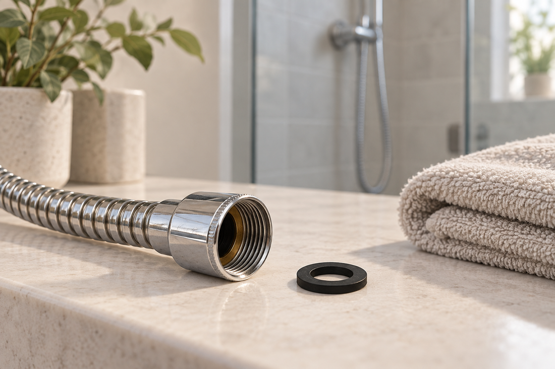 AI-generated illustration of a disconnected shower hose fitting and a separate flat rubber washer on a dry counter.