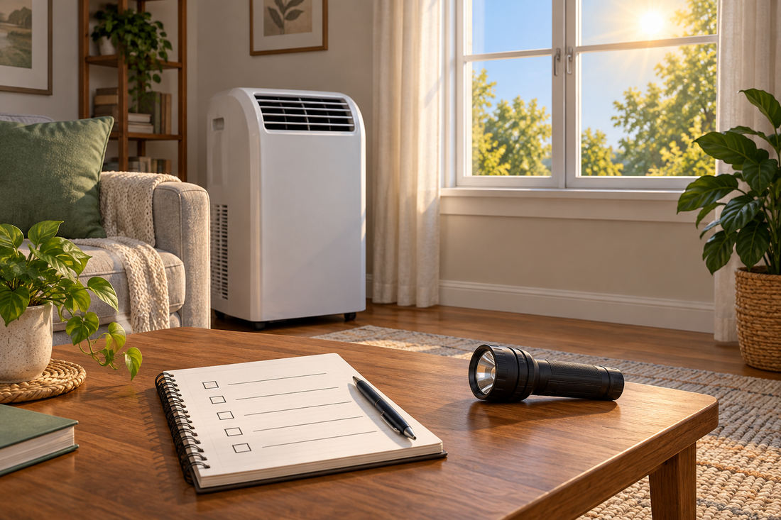 AI illustration of a cooling-preparedness checklist and generic room appliance; not a UKOKE installation or product test