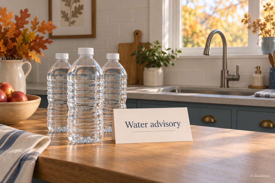 AI illustration: sealed bottled water and a water advisory notice beside an unused kitchen sink