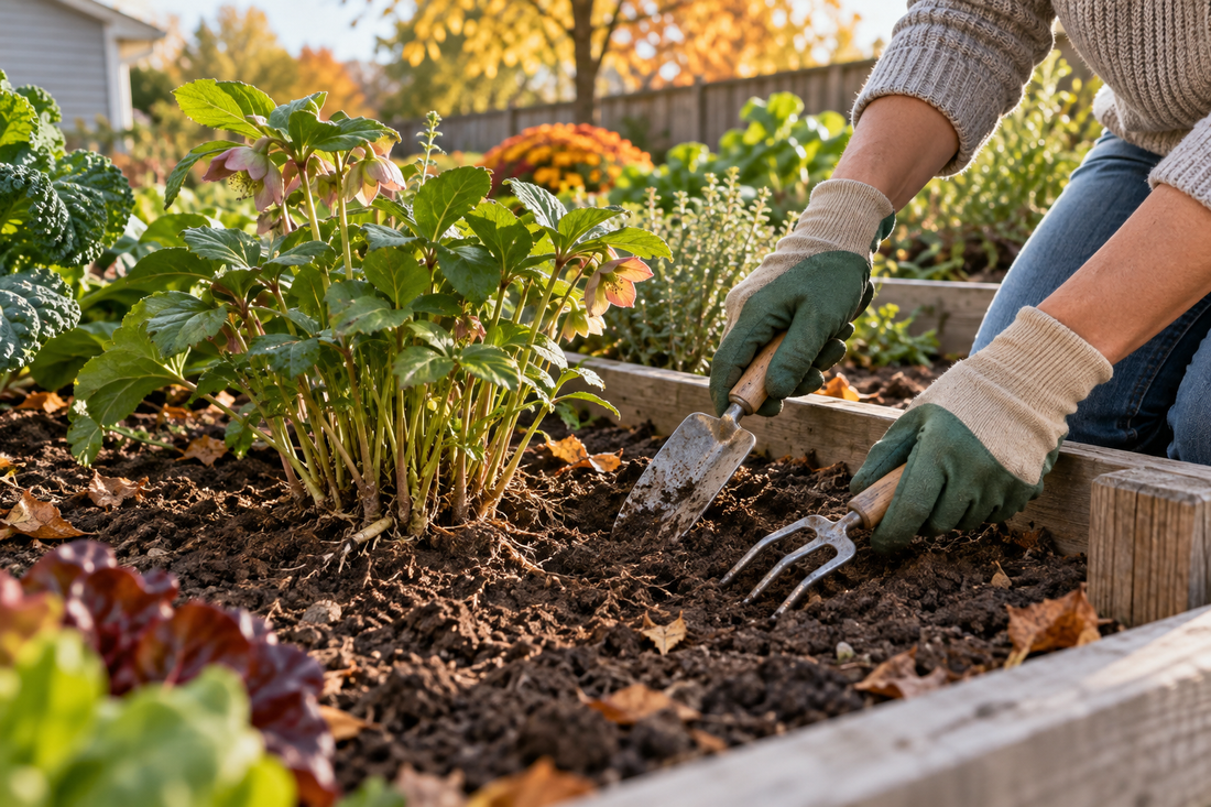 AI illustration of hand tools loosening soil carefully around established plant roots