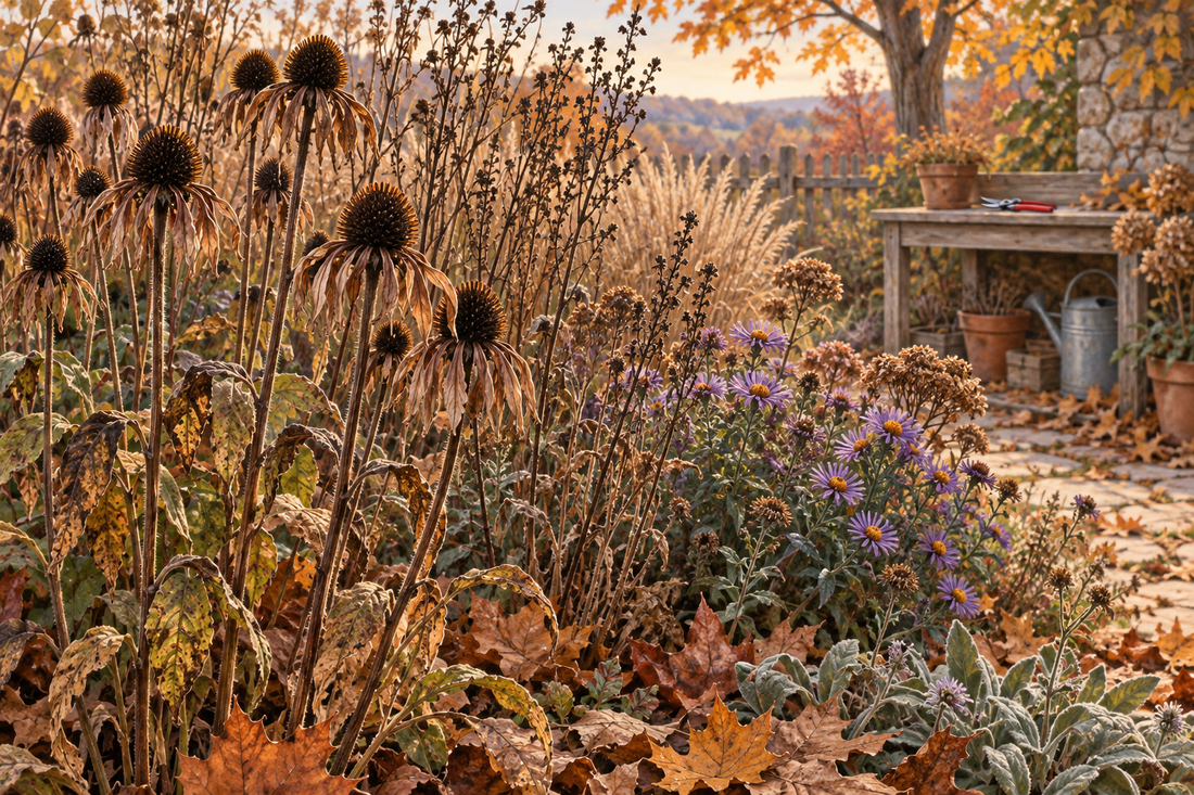 AI illustration of standing perennial stems and seed heads in autumn