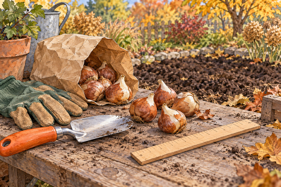 AI-generated illustration: unplanted flower bulbs with a hand trowel and ruler on an autumn potting bench
