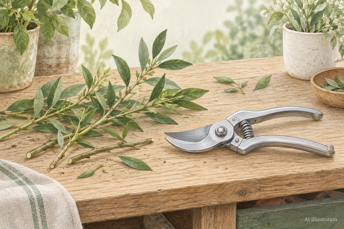 AI illustration of silver hand pruners and leafy offcuts on a garden workbench; not a product test
