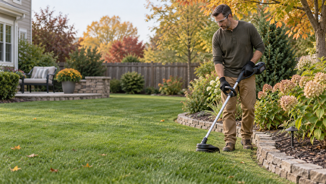 AI illustrative image of a homeowner inspecting a small branch from the ground with a cordless pole saw nearby; not a product photograph