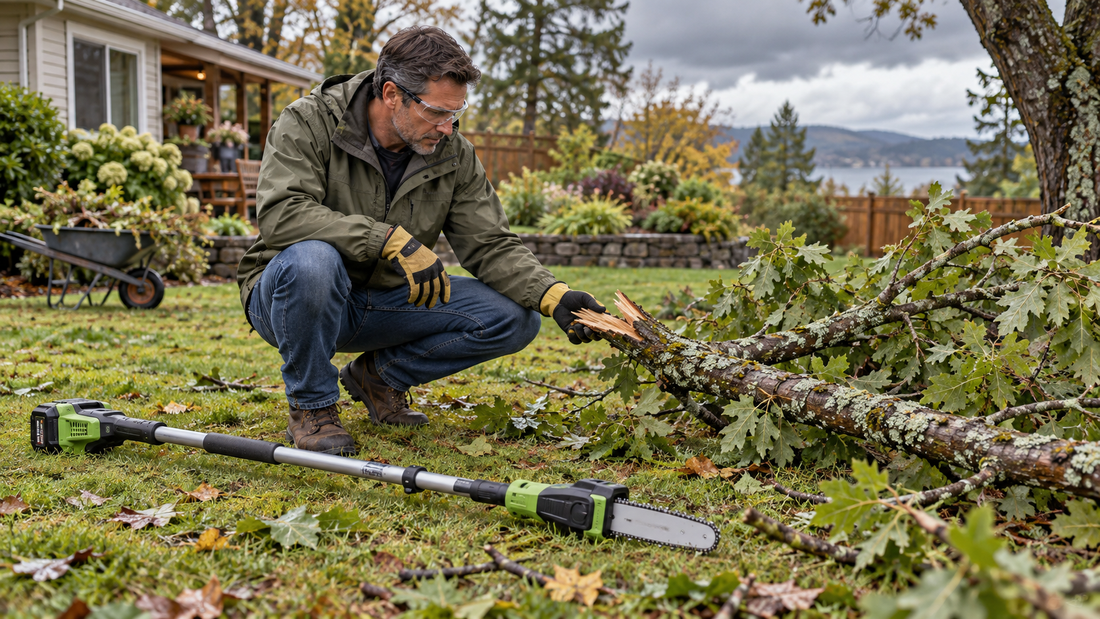 AI illustration of assessing a storm-damaged branch before using a pole saw