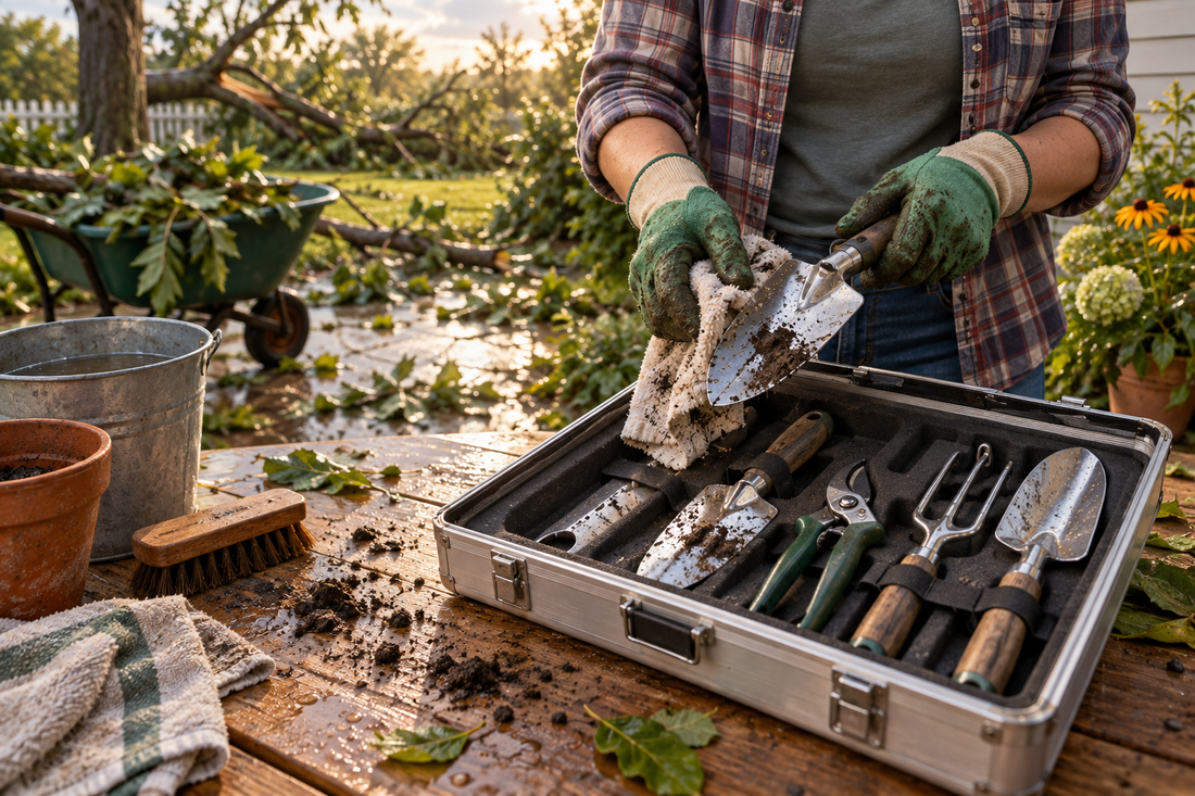 AI illustration of cleaning garden hand tools after a storm