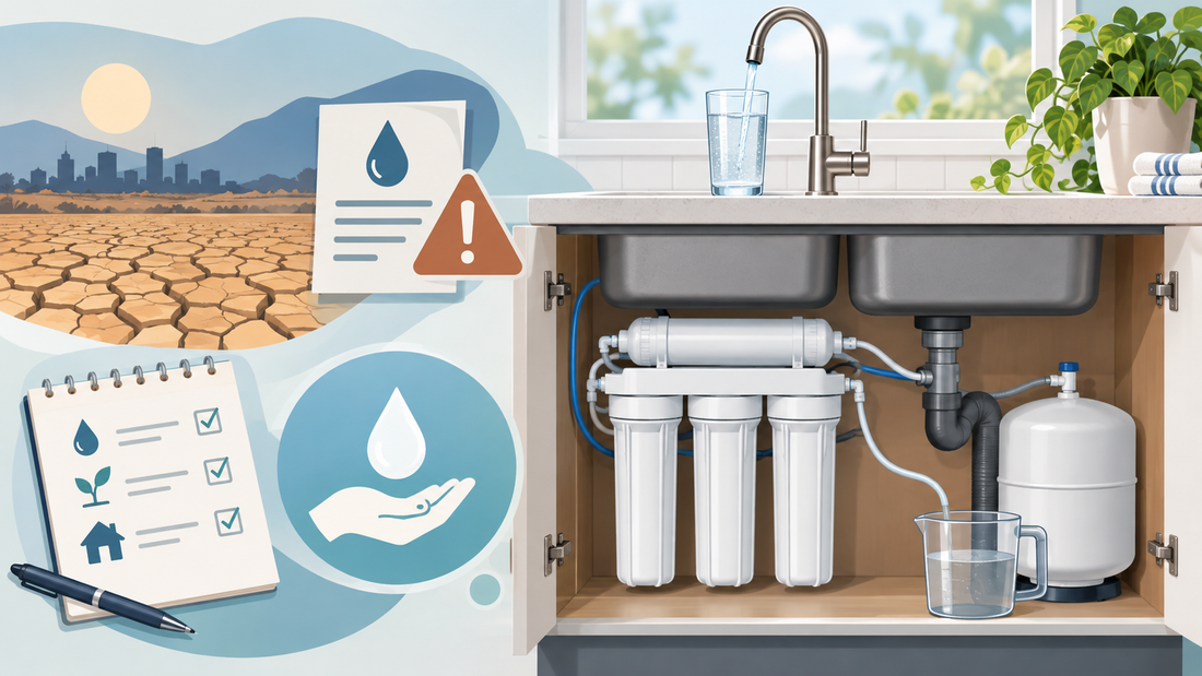 AI-generated illustration of an under-sink reverse-osmosis system and a measured glass of water during drought planning