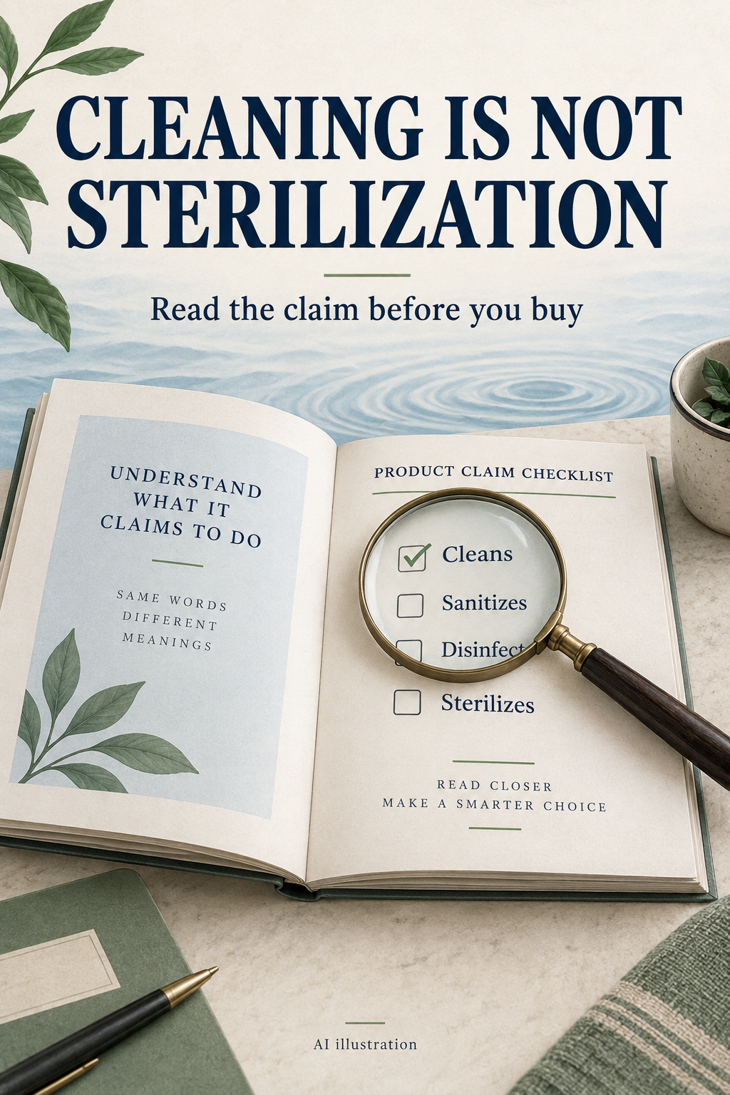 AI illustration of an instruction booklet and claim checklist explaining that cleaning is not sterilization.