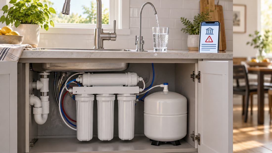 AI illustration of a tankless reverse-osmosis system under a kitchen sink