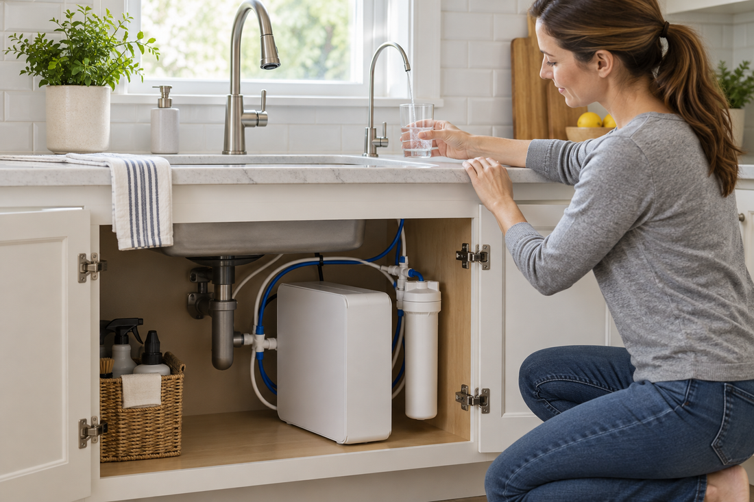 AI illustrative image of a tankless reverse osmosis system under a kitchen sink with water flowing from a dedicated faucet