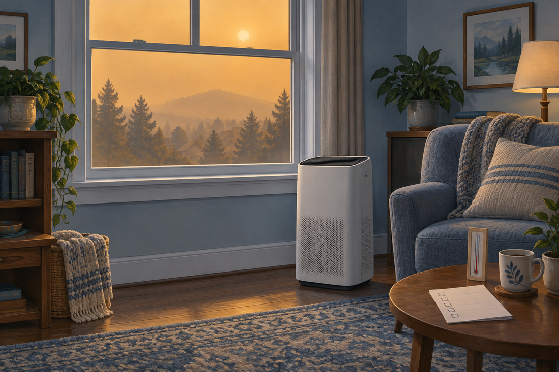 AI-generated illustration of a closed-window room with a generic air cleaner during outdoor smoke; not a UKOKE air conditioner