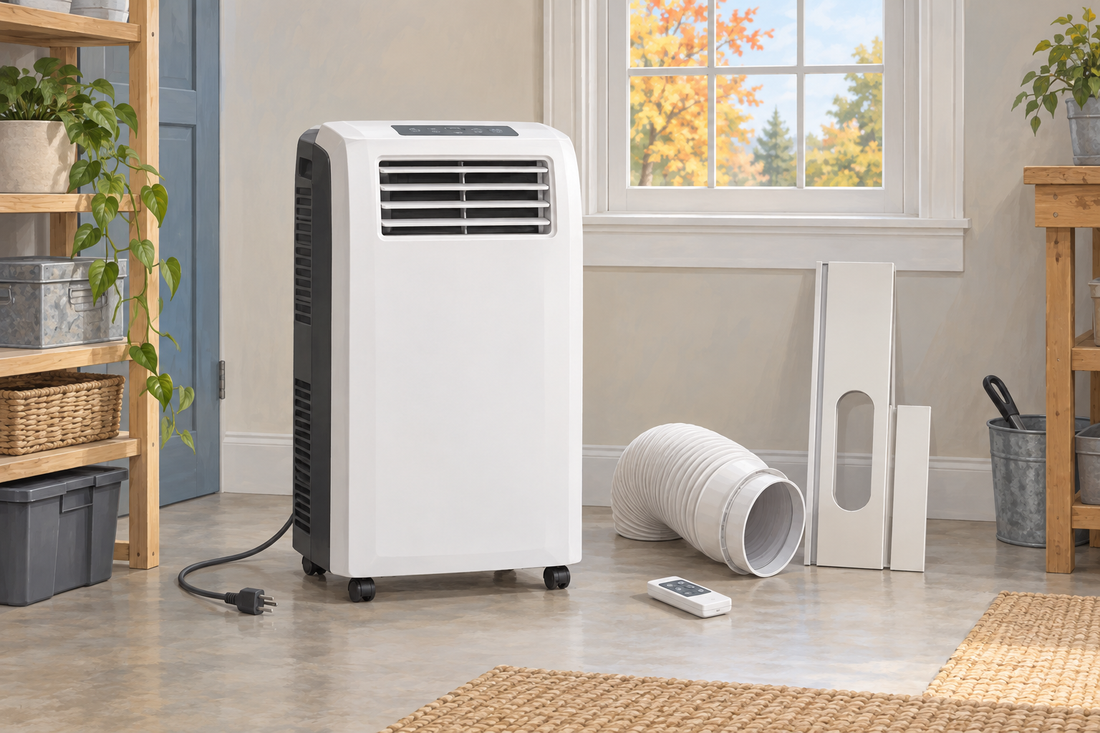 AI-generated illustration of an upright portable air conditioner with dry detached accessories prepared for seasonal storage
