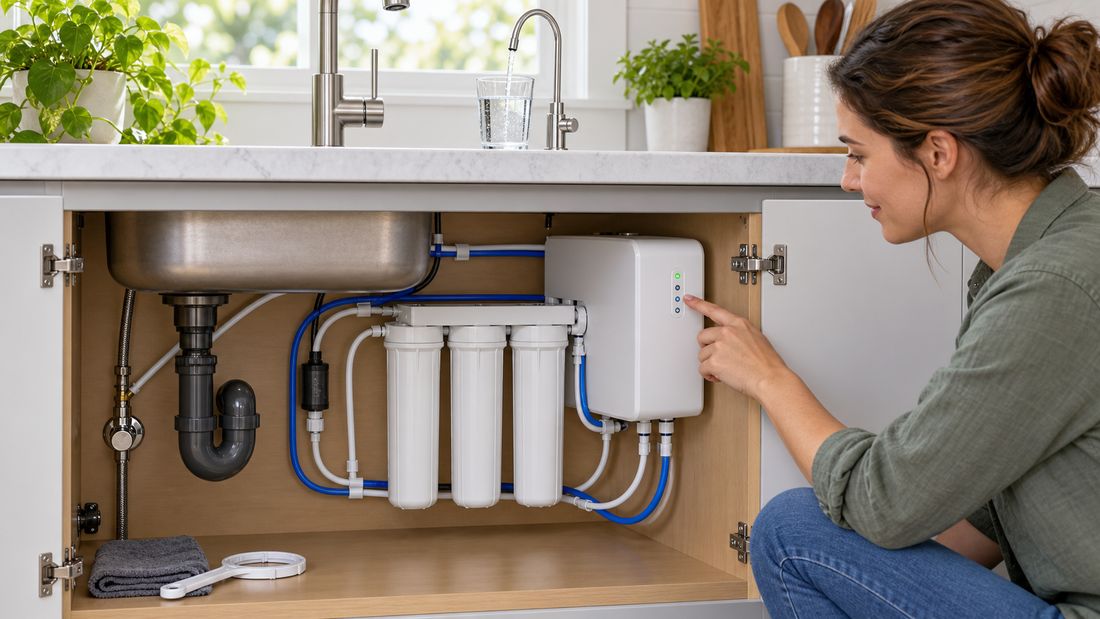 AI-generated illustration of checking a tankless reverse osmosis system after filter service