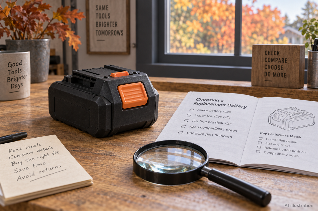 AI illustration of a disconnected tool battery beside an instruction booklet and magnifying glass