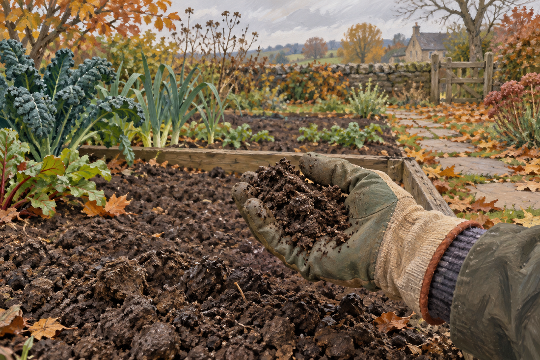 AI illustration of a gloved hand checking a soil sample in an autumn garden; not a measured test.