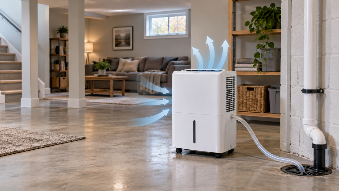 AI-generated illustration of a generic portable dehumidifier with clear airflow and a drain hose in a basement