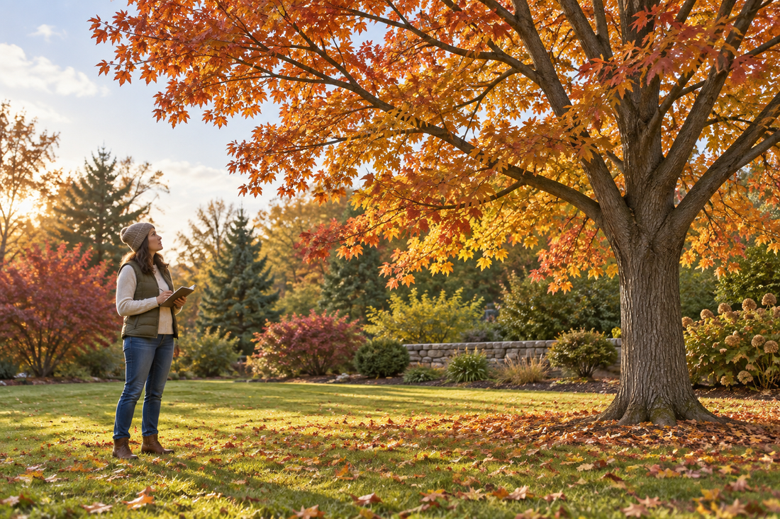 AI-generated illustration of a homeowner inspecting a leafy autumn tree from the ground; not a pruning demonstration or product photo.