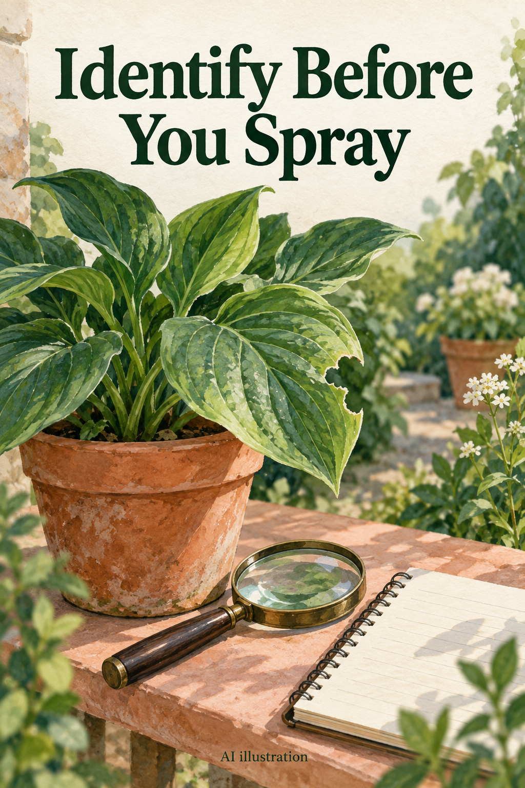 AI illustration of a damaged garden leaf, magnifying glass and observation notebook, with the words Identify Before You Spray