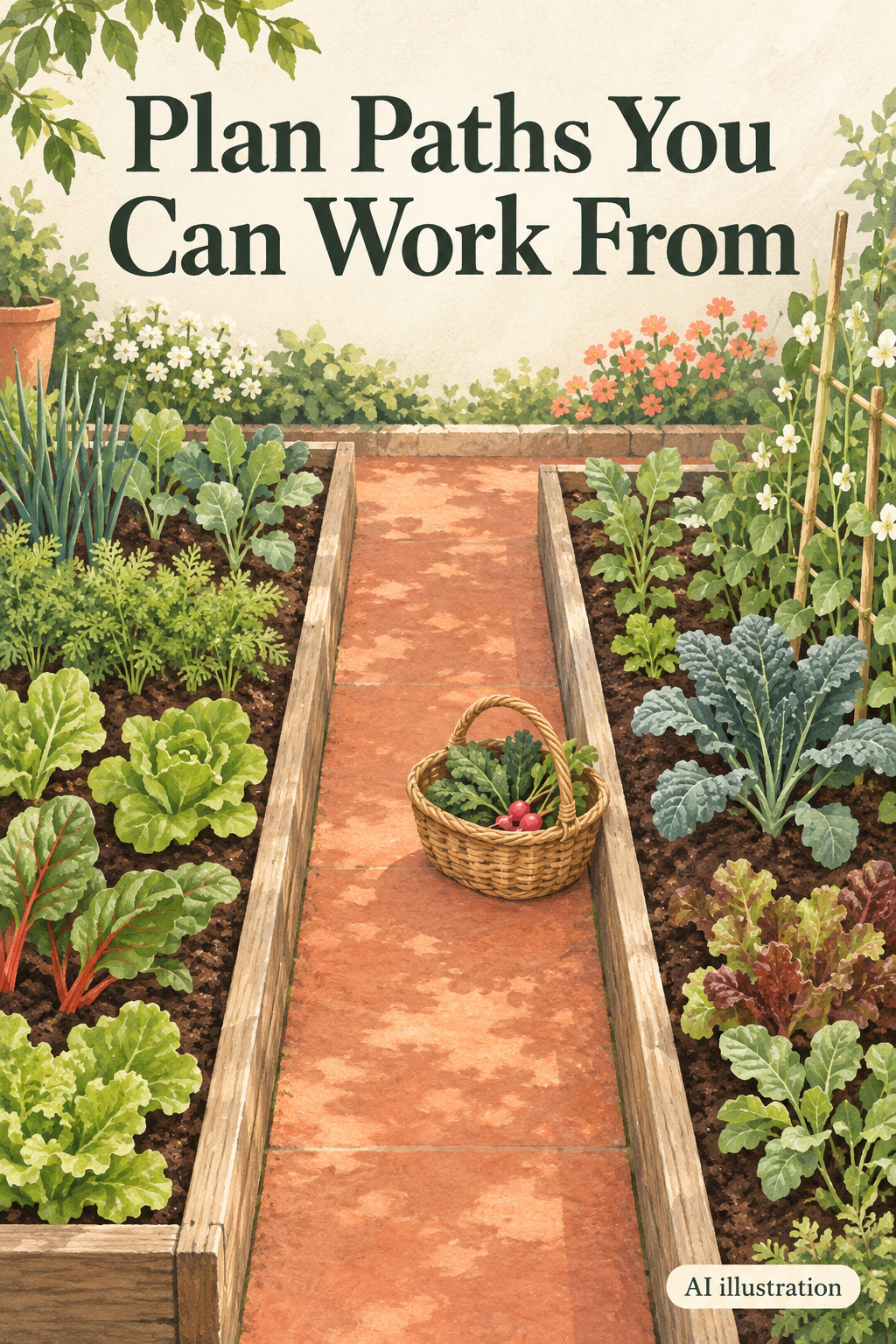 AI illustration of narrow vegetable beds with a clear garden path and a basket placed outside the planting soil