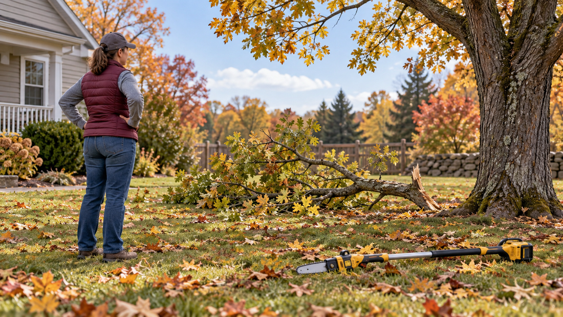 AI-generated illustration of safe storm-damage tree inspection; not a product photo or field evidence