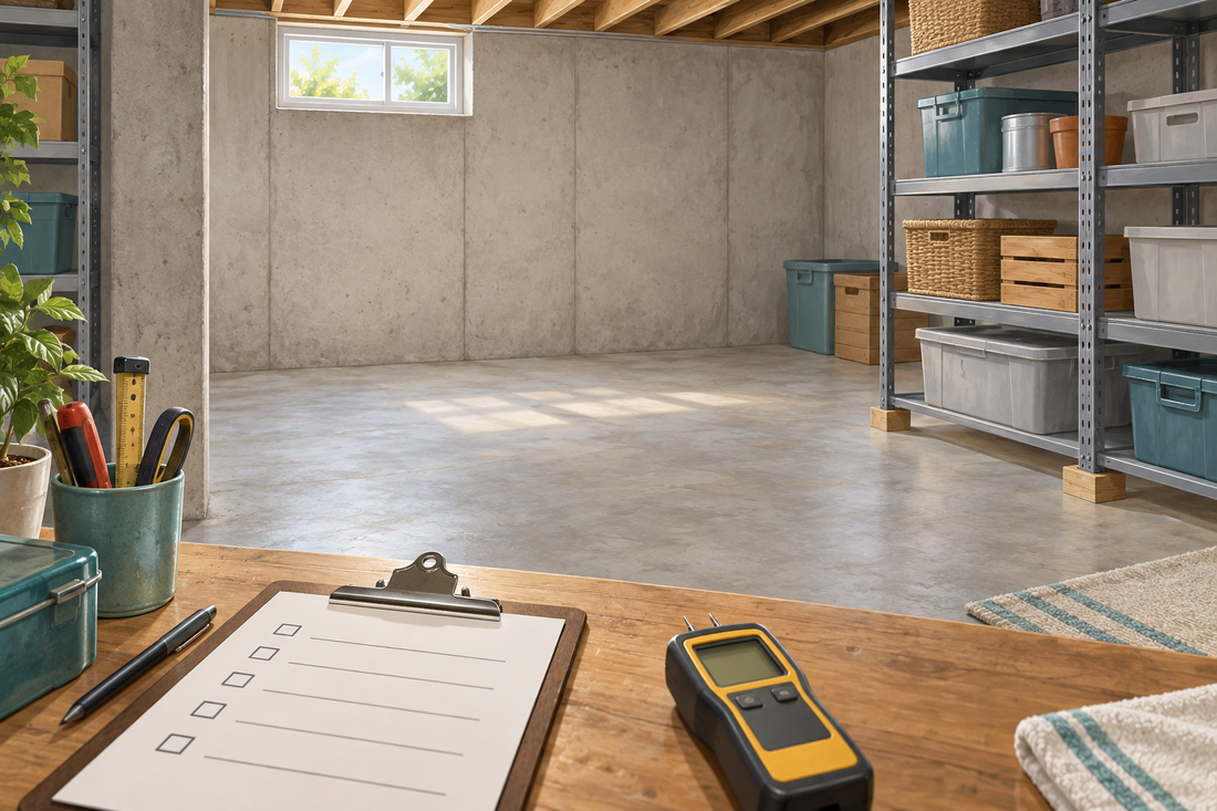 AI-generated illustration of a basement assessment with a moisture meter after a repaired leak