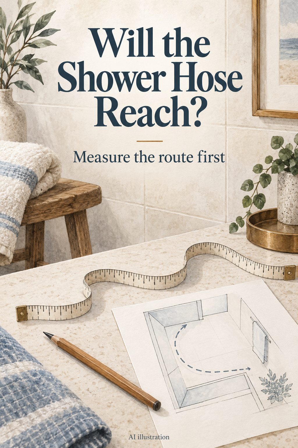 AI illustration of a measuring tape and bathroom sketch, with the words Will the Shower Hose Reach? and Measure the route first.