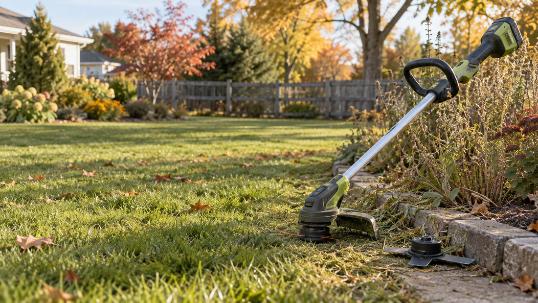 AI illustrative fall lawn scene with a cordless trimmer beside overgrown garden edging