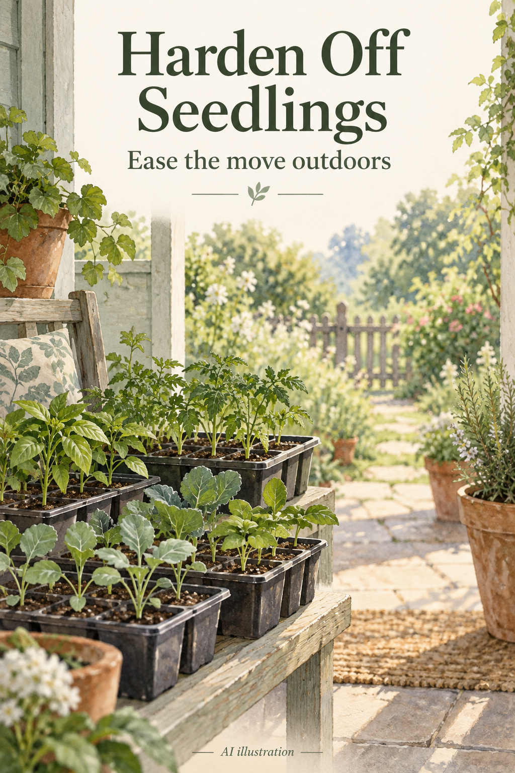 AI illustration of vegetable seedlings on a sheltered porch beside a garden, with the words Harden Off Seedlings.