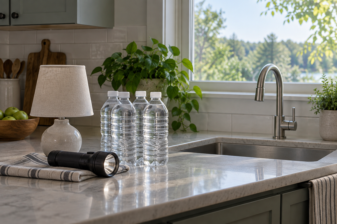 AI illustration of bottled water and a flashlight in a kitchen during a power interruption
