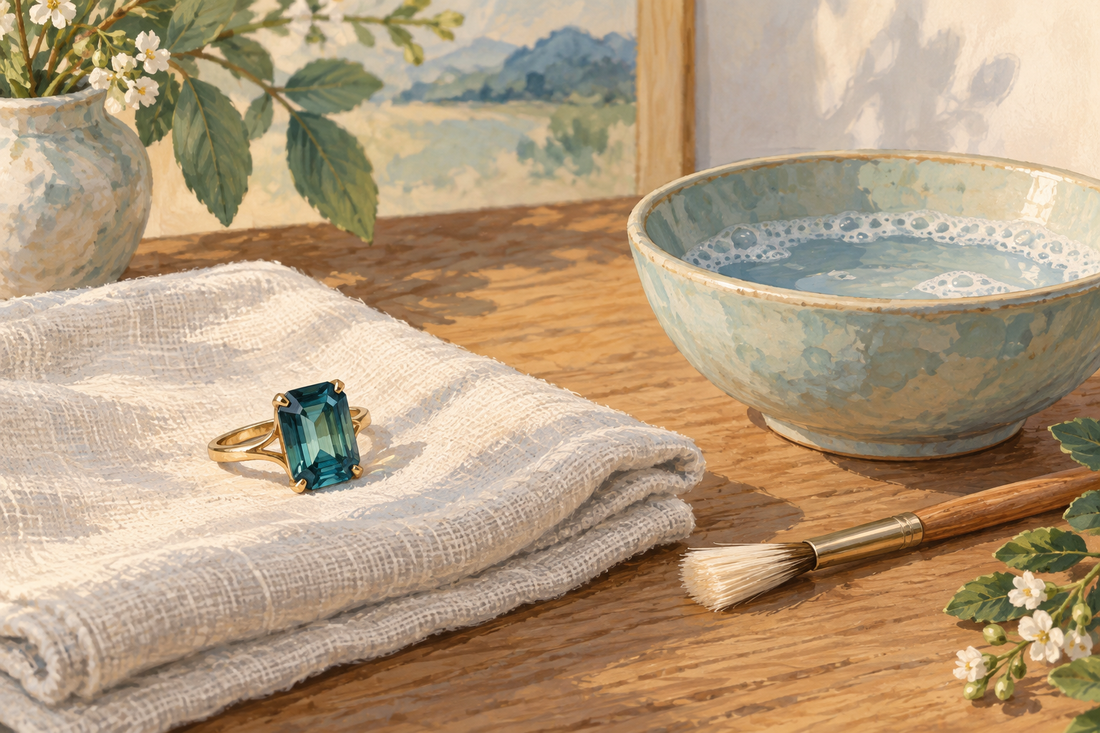 AI-generated illustration of a blue-green gemstone ring on cloth beside a bowl of soapy water and a soft brush; not a gem-identification photograph